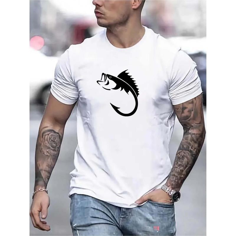 100% cotton T-shirt, fishbone print, men's graphic design crewneck sports T-shirt, fashion personality design, summer casual and comfortable T-shirt, men's top Daily gym exercise running Made in USA