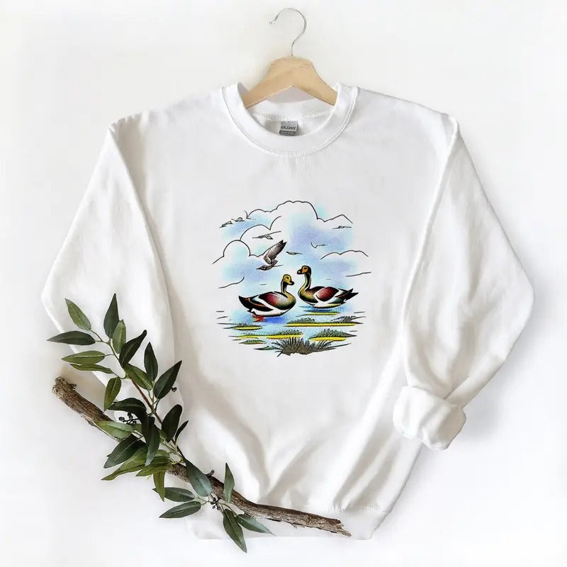 2 Mallard Ducks In A Marsh With Tress Unisex Tshirt Sweatshirt Hoodie, for duck hunters, husbands and Mallard duck lovers Cotton Womenswear