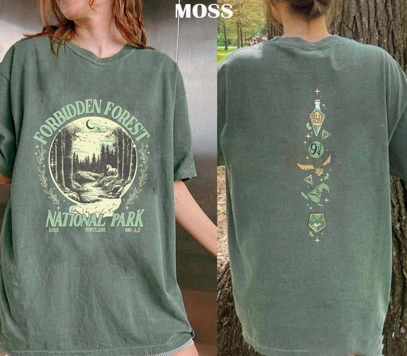 2 Slides, Forbidden Forest T-Shirt, National Park Tee Family Vacation Shirt, Bookish Shirt, Gift for Book Fan, Book Lover Gift Womenswear Crewneck
