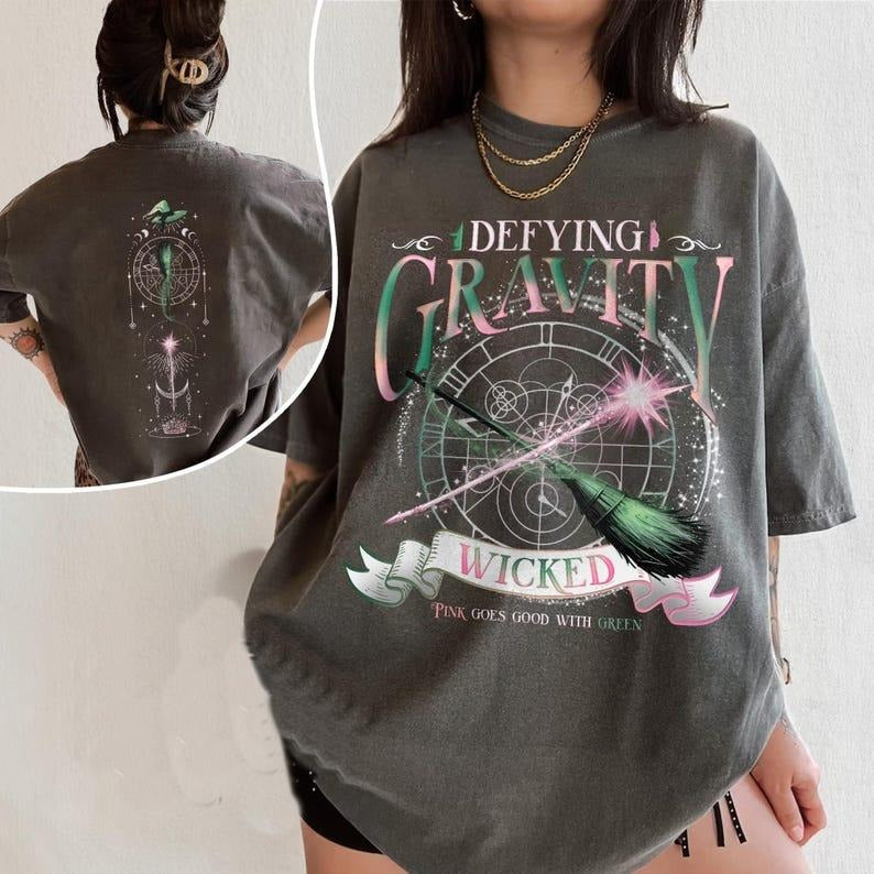 2 Slides, Wicked Defying Gravity Shirt, Pink And Green Changed For Good Tshirt, Wicked The Musical, Broomstick Magic Wand MovieFanShirt