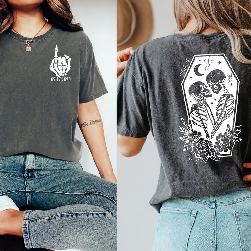 2 slides, Til' Death Bride Shirt, Engaged Gothic Shirt, Engagement Gift, Halloween Wedding, Bridal Party, Honeymoon Shirt, Bride Gift, Couples Matching TShirt