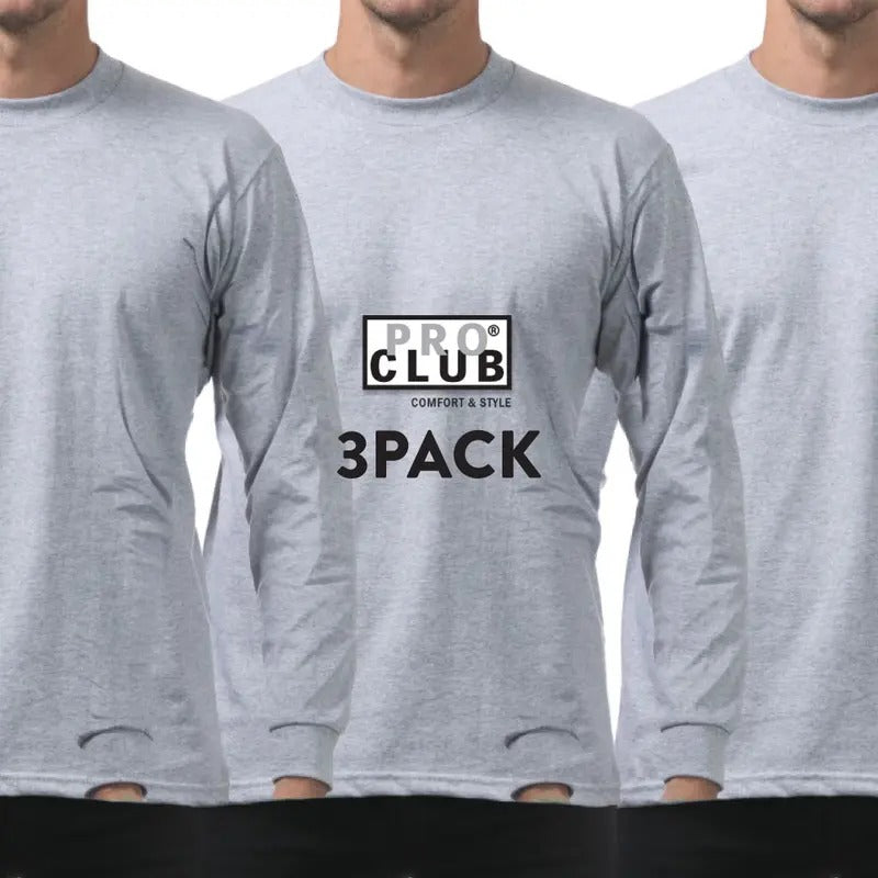 3 Pack PROCLUB Men's Heavyweight Long Sleeve T Shirts PRO CLUB Plain Crew Neck T Shirt Casual Cotton Tee Basic Big and Tall Hip Hop Harem