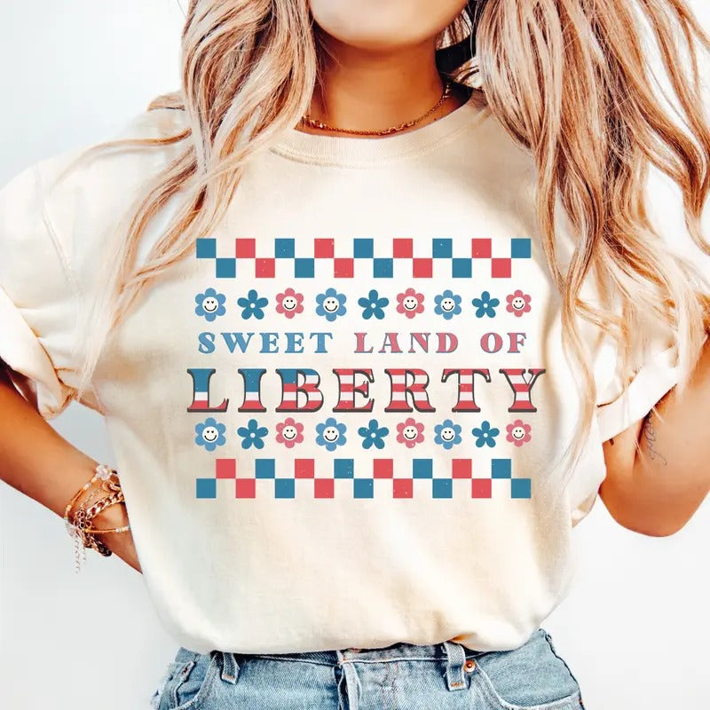 4TH OF JULY SHIRT, SWEET LAND OF LIBERTY SHIRT, USA SHIRT, JULY 4TH SHIRT UNISEX COTTON SHIRT, OVERSIZED HOLIDAY SUMMER SHIRT Comfort Fabric Top Womenswear Underwear Lady