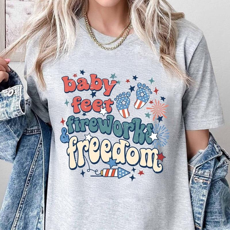 4th of July Maternity Shirt Baby Feet Fireworks and Freedom Pregnancy Reveal Tee Patriotic Mom To Be 100% Cotton