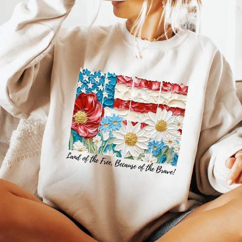 American Flag Sweatshirt, 4th of July Memorial Shirt, Floral America USA, Patriotic, Girly USA Shirt