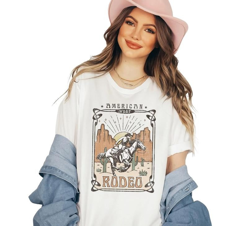 American Rodeo Cowboy T-shirt Western Cowboy Horse Desert Cactus Retro Women Shirt