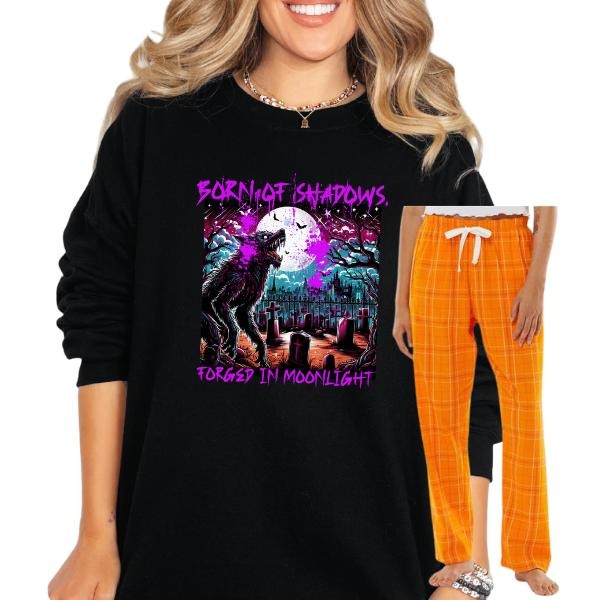 BORN OF SHADOWS, FORGED IN THE MOONLIGHT - Orange Plaid Pajama Set, Long Pants & Sweatshirt or T-Shirt,- Unisex Cotton Sleepwear, Loungewear