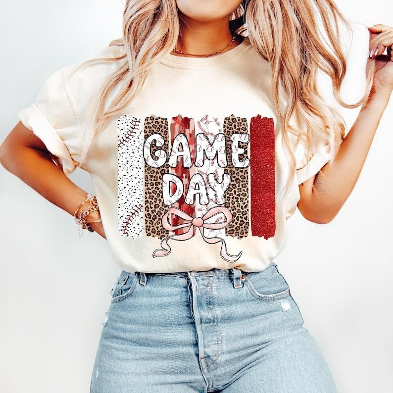 Baseball Coquette, Retro Baseball Bow, Game Day, Leopard Baseball Mama, Baseball Mom, Brushstroke Baseball Tshirt