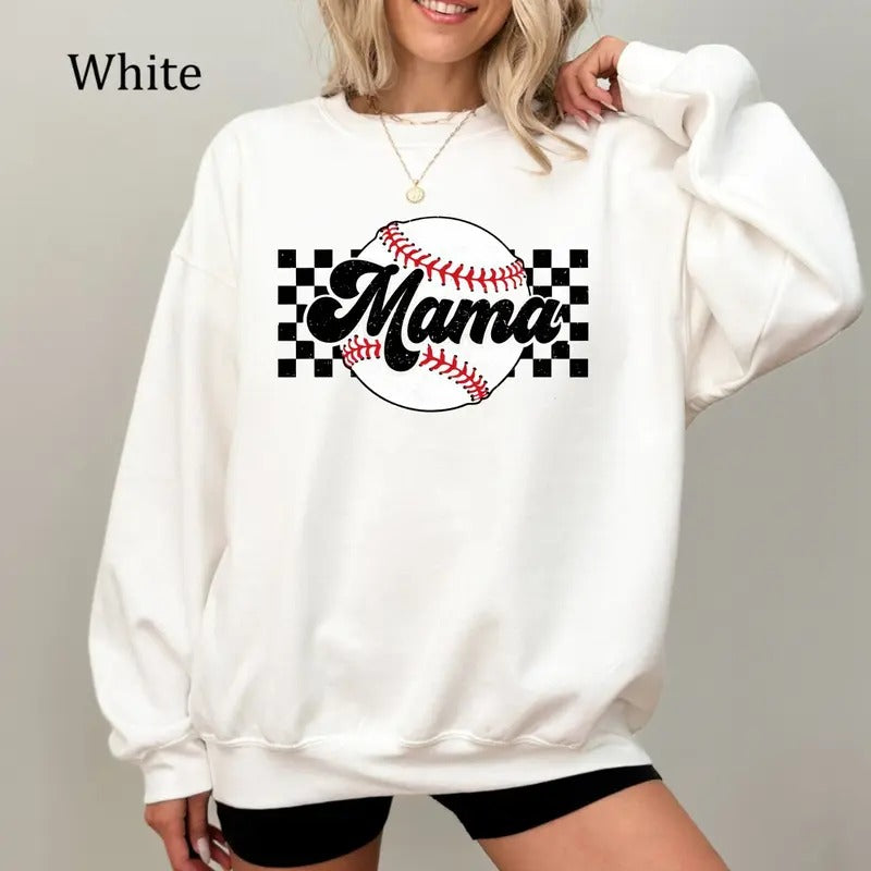 Baseball Mama Checkered Sweatshirt, Casual Cotton Baseball Mom Shirt, Sports Mom Shirt, Cozy Fleece Sweatshirt, Everyday Casual Comfort
