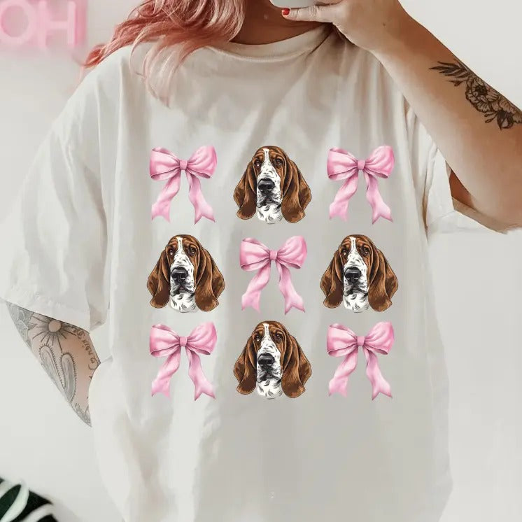 Basset Hound with bows Shirt ~ Unisex Apparel Relaxed Fit Printed In The USA Clothing Womenswear Casual Comfort Cotton Top Athletic Boho Chicbrown chihuahua