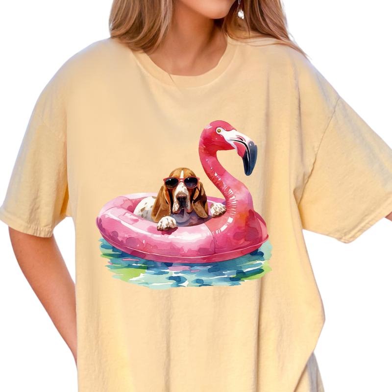 Bassett Hound Flamingo Float Dog Shirt ~ Unisex Apparel Relaxed Fit Printed In The USA Clothing Womenswear Casual Comfort Cotton Top Athletic Boho Chic