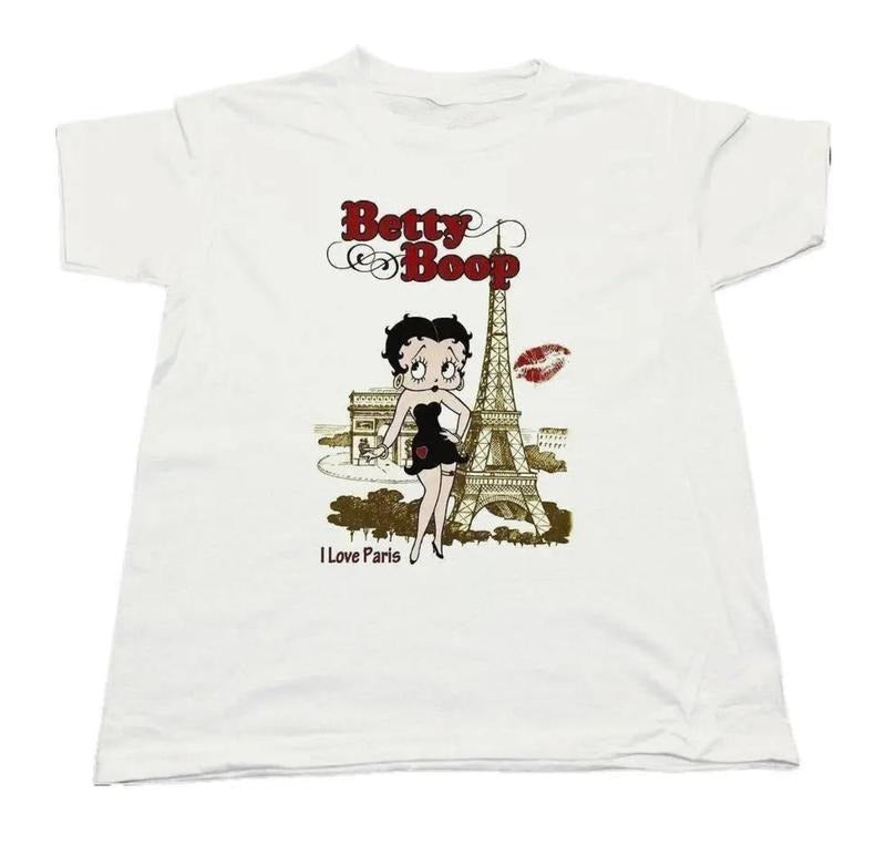 Betty Boop Tshirt, Unisex Tee, I love paris Cartoon T-Shirt Vintage Graphic Tee White Shirt Gift for her Top Womenswear