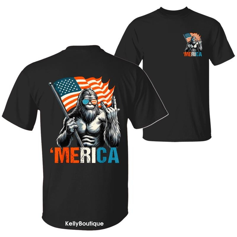 Bigfoot Merica Rock American Flag Patriotic 4th Of July T-Shirt, Sasquatch Lovers Independence Day 2 Sided Design Unisex Cotton T-shirt for Men for Women Menswear Womenswear Top