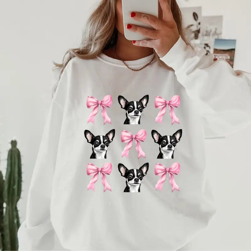 Black and White chihuahua with bows Sweatshirt ~ Sweatshirt Unisex Apparel Relaxed Fit Printed in the USA Clothing Womenswear Casual and Comfortable