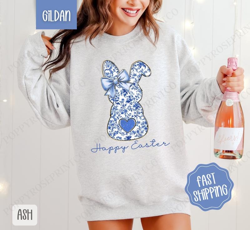 Blue Chinoiserie Bunny Sweatshirt, Easter Crewneck, Trendy Bunny Women's Sweater, Gift for Her