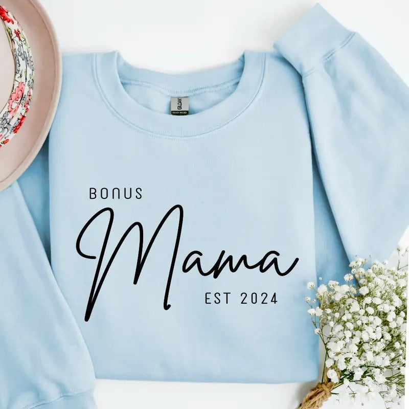 Bonus Mama Sweatshirt, Gift for Stepmom, Mother's Day gift, Mama Est. Sweatshirt, Casual Cotton Sweatshirt Unisex True to Size, Womenswear, Custom Sweatshirt Garment Hoodie Tops
