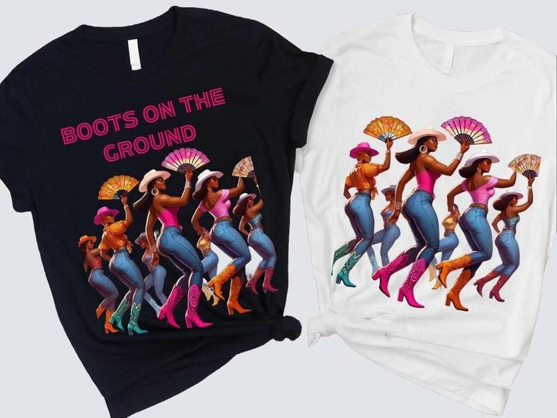 Boots On The Ground Line Dance T-Shirt, Western Black Girl Dancing Queens Shirt, Fun Country Music Outfit Fabric