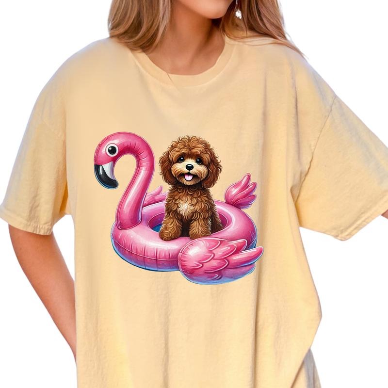 Brown Cavapoo Flamingo Float Dog Shirt ~ Unisex Apparel Relaxed Fit Printed In The USA Clothing Womenswear Casual Comfort Cotton Top Athletic Boho Chic