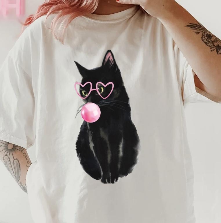 Bubblegum Black Cat Shirt ~ Unisex Apparel Relaxed Fit Printed In The USA Clothing Womenswear Casual Comfort Cotton Top Athletic Boho Chic