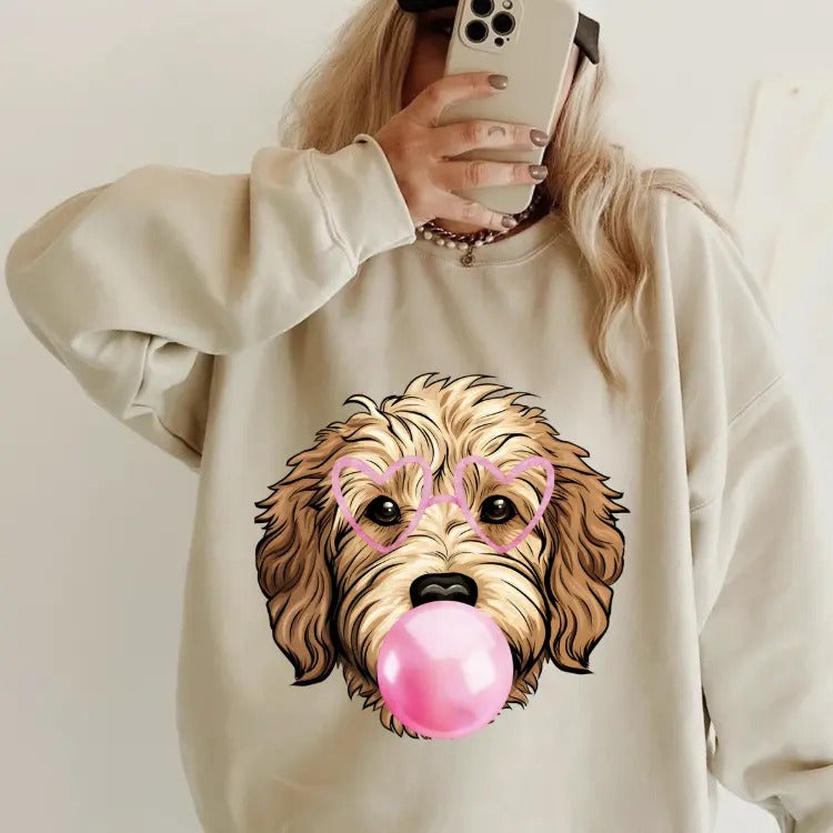 Bubblegum Golden Doodle Crewneck ~ Sweatshirt Unisex Apparel Relaxed Fit Printed in the USA Clothing Womenswear Casual and Comfortable