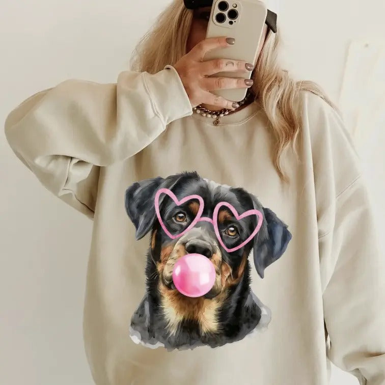 Bubblegum Rottweiler Crewneck ~ Sweatshirt Unisex Apparel Relaxed Fit Printed in the USA Clothing Womenswear Casual and Comfortable