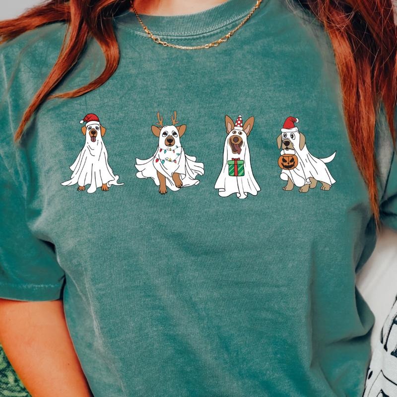 CHRISTMAS DOGS T-SHIRT (COMFORT COLORS T-SHIRT, CASUAL SHIRT UNISEX, CHRISTMAS CLOTHING, GRAPHIC APPAREL, HOLIDAY SHIRT) Cotton Fabric