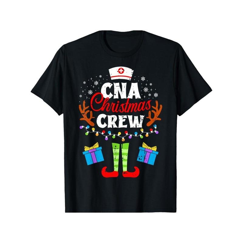 CNA Christmas Nurse Crew Nursing Women Men Pajama Xmas T-Shirt for Men Women, Christmas Halloween New year Thanksgiving day Gift for Men Women Dad Mom Friend, Unisex Soft Fabric 100% cotton Black Tee Made in USA