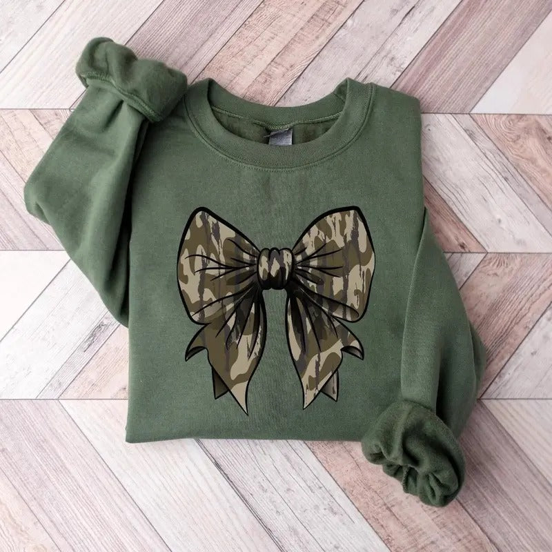 Camo Coquette Bow Sweatshirt, Camo Bow Sweatshirt, Autumn Fall Shirt, Womens Camouflage Bow Shirt, Trendy Camo Shirt