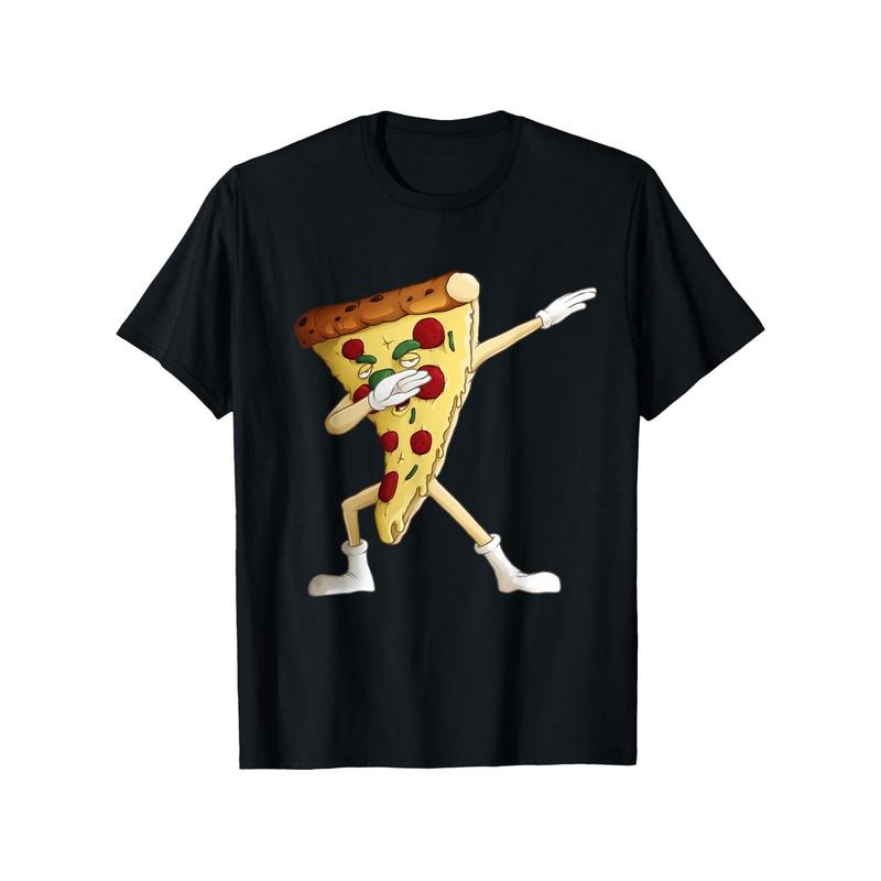 Cartoon Pizza Hip-Hop Dancer Graphic T-Shirt, 100% Cotton, Casual Crew Neck Tee, Regular Fit, Short Sleeve, Slight Stretch, Knit Fabric, for Adults, Unisex, All-Season Pullover Made in USA