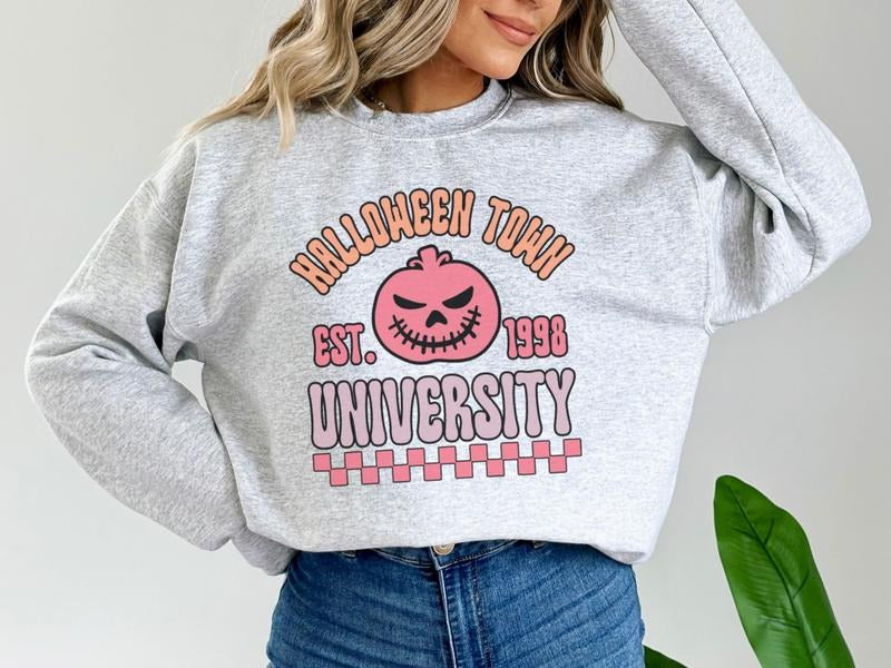 Casual Halloween Town Sweatshirt with Retro Feel, Jack-O-Lantern University Sweatshirt for Men & Women, Colorful Halloween Town University Sweatshirt, Fun & Playful Halloween Sweatshirt