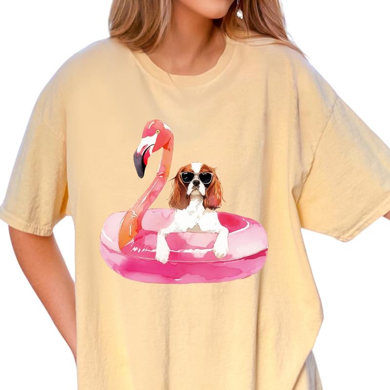 Cavalier Flamingo Float Dog Shirt ~ Unisex Apparel Relaxed Fit Printed In The USA Clothing Womenswear Casual Comfort Cotton Top Athletic Boho Chic