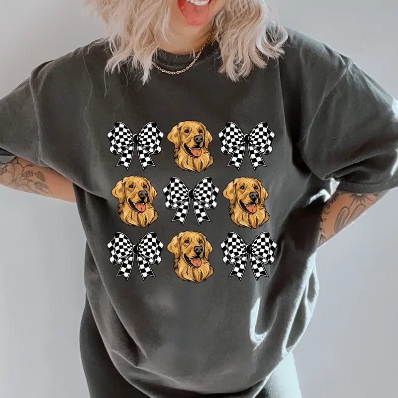 Checkered Bows & Golden Retriever Shirt ~ Unisex Apparel Relaxed Fit Printed In The USA Clothing Womenswear Casual Comfort Cotton