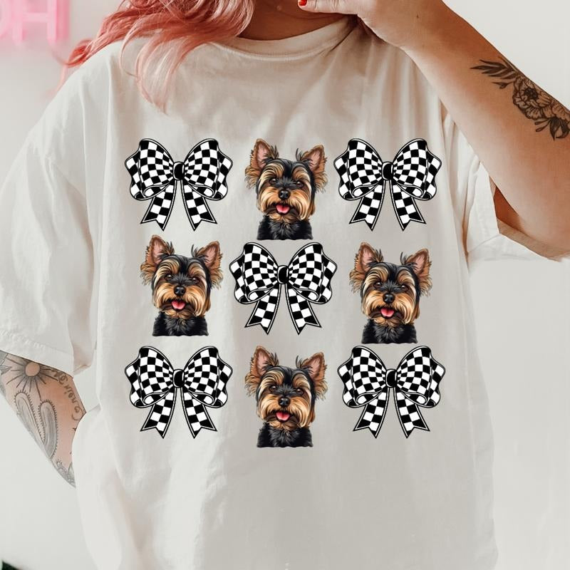 Checkered Bows & Yorkies Shirt ~ Unisex Apparel Relaxed Fit Printed In The USA Clothing Womenswear Casual Comfort Cotton Boho