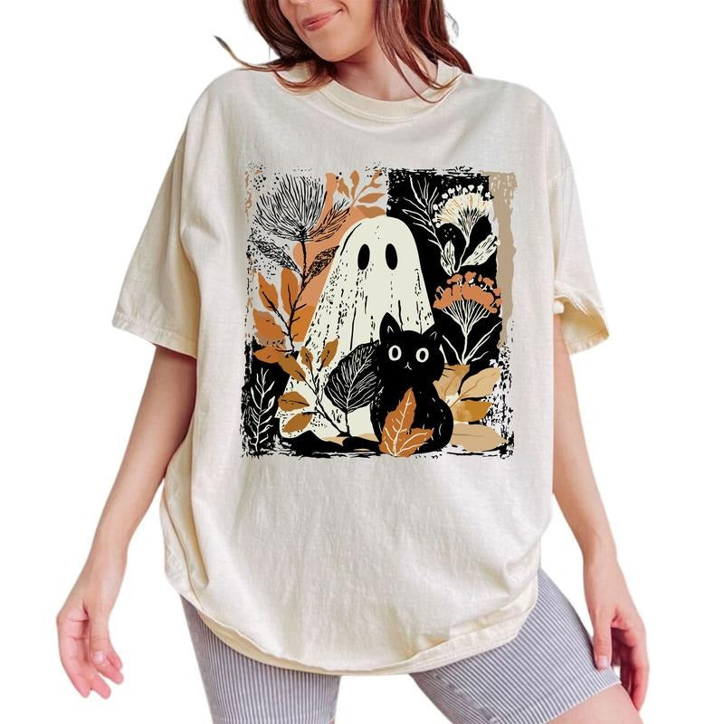 ChicCotton Halloween Ghost And Black Cat Comfort Colors Shirt, Floral Fall T-shirt, Autumn Vibes Graphic Tee, Spooky Season Clothing