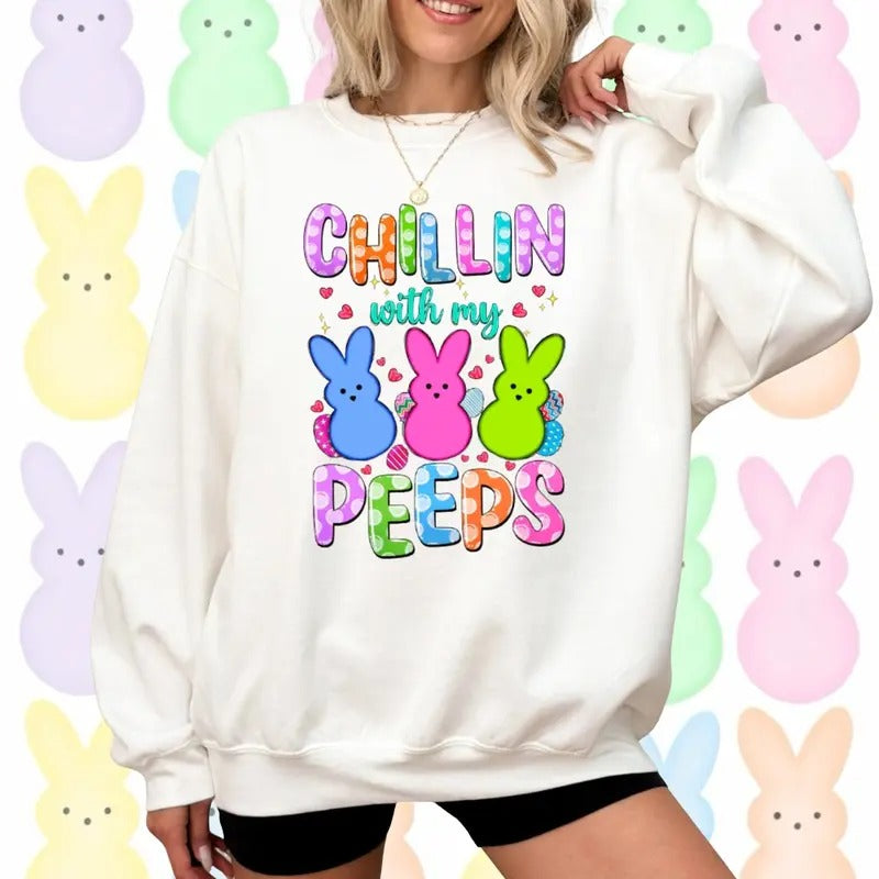 Chillin' With My Peeps Sweatshirt, Cute Easter Bunny Hoodie, Funny Peeps Easter Shirt, Spring Pastel Crewneck, Blessed Easter Day Gift, Cozy Fleece Sweatshirt, Everyday Casual Comfort