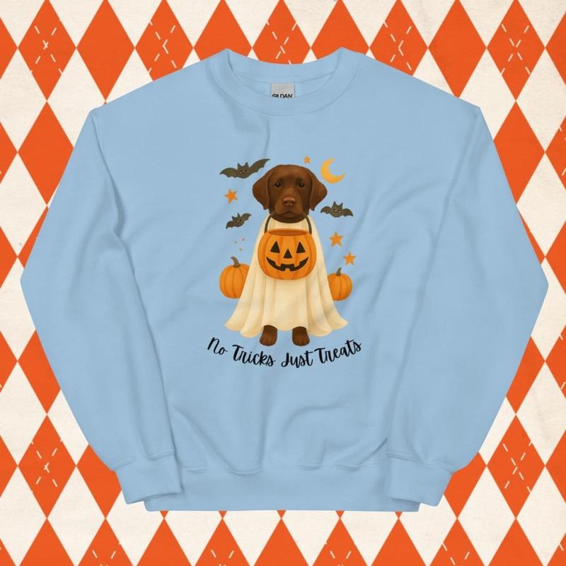 Chocolate Lab Halloween No Tricks Dogs Sweatshirt ~ Unisex Apparel Relaxed Fit Printed In The USA Clothing Womenswear Casual Comfort Cotton Top Athletic Boho Chic