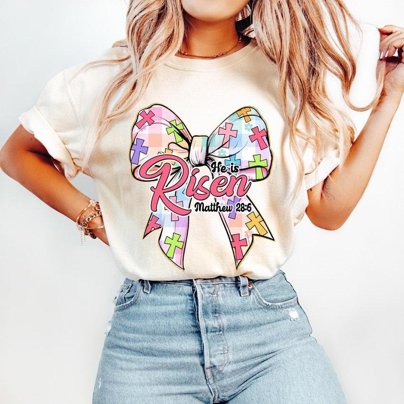 Christian Easter Coquette Bow, He is Risen, Retro Checkered Easter, Jesus Easter Cross, Easter Story Tshirt