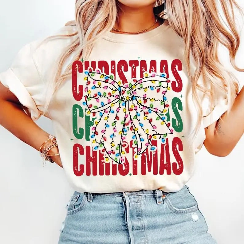 Christmas Light Bow Shirt, Christmas Coquette Bow Sweatshirt, Christmas Light, Xmas Coquette BowUnisex Cotton Shirt - Fit, Fabric