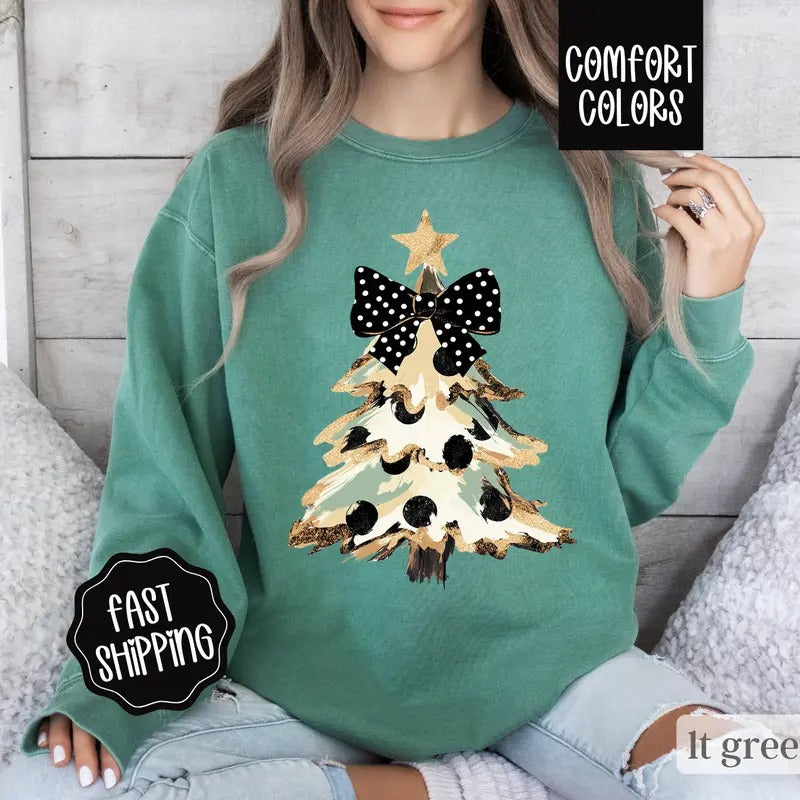 Christmas Tree Comfort Colors Sweatshirt, Coquette Christmas Sweater Womenswear, Holiday Crewneck