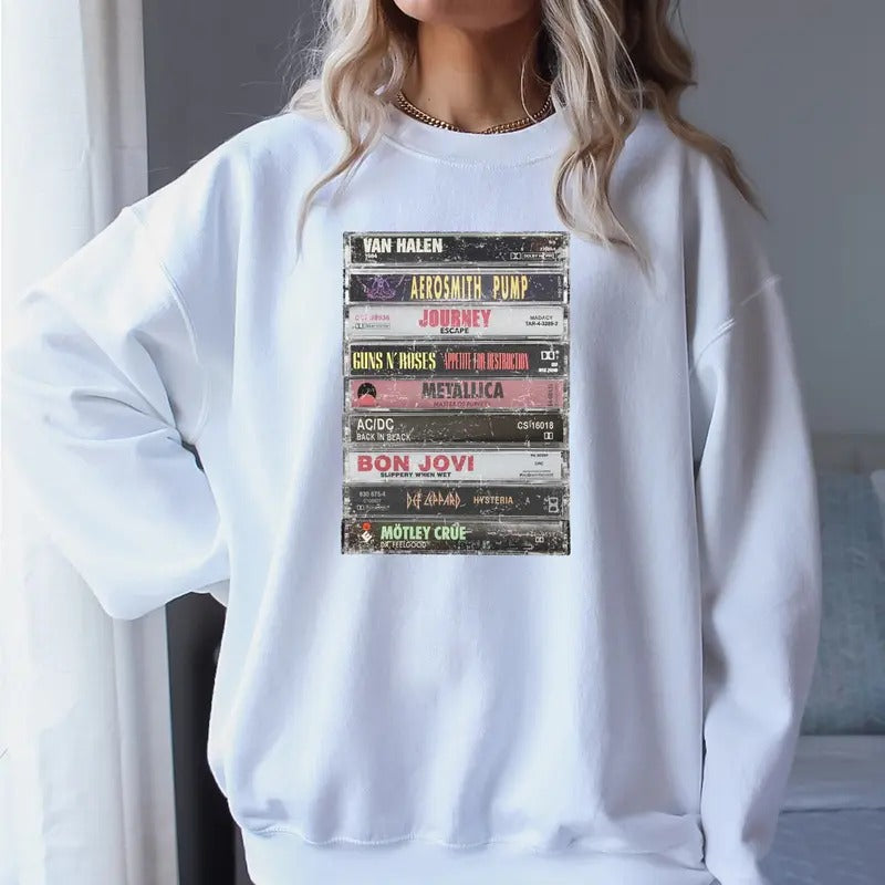 Classic 80s Rock Bands Hoodie. 1980s Music Cassette, List Of 80s Bands, Rock Fans Merch, Unisex Sweater Pullover Tee