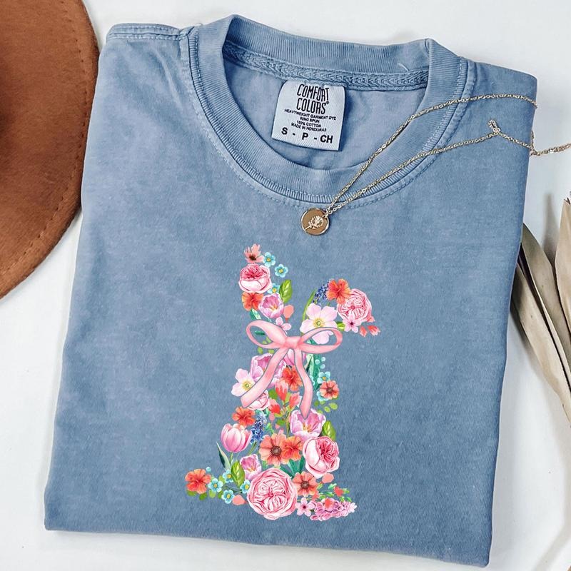 Comfort Colors Bunny Coquette Floral Shirt, Floral Easter Bunny Shirt, Easter Coquette Bow Tee, Girly Easter Shirt, Unisex T-Shirt