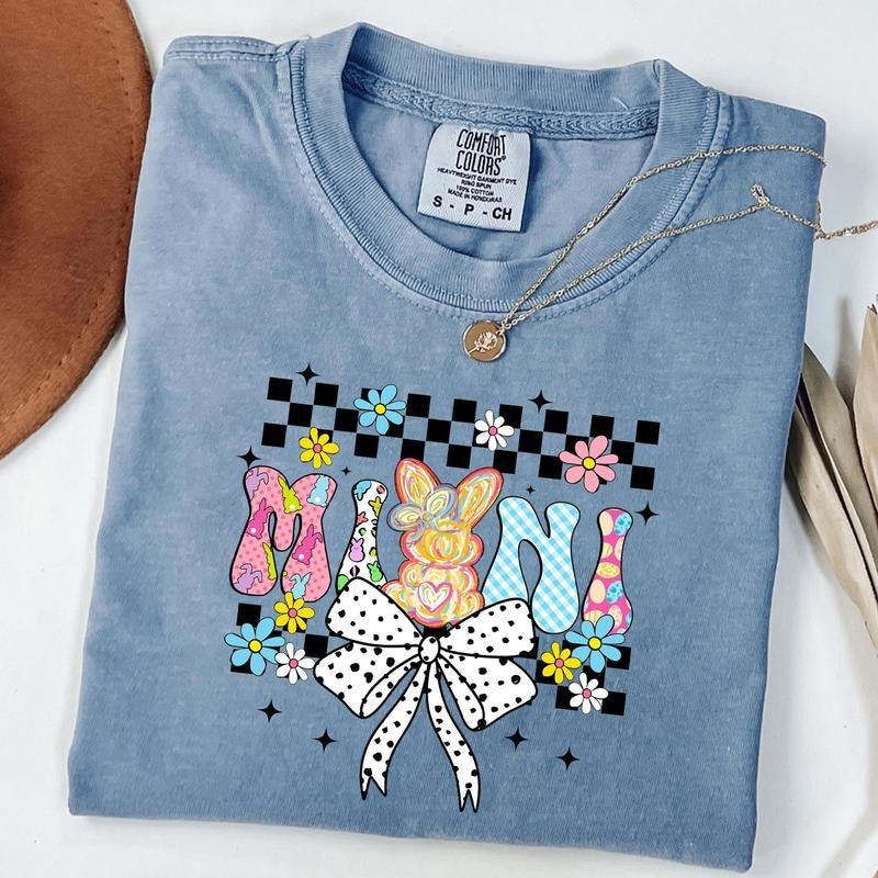 Comfort Colors Checkered Easter Mama Bunny Coquette Bow T-shirt, Easter Bow Shirt, Mama Bunny T-Shirt, Unisex T-Shirt