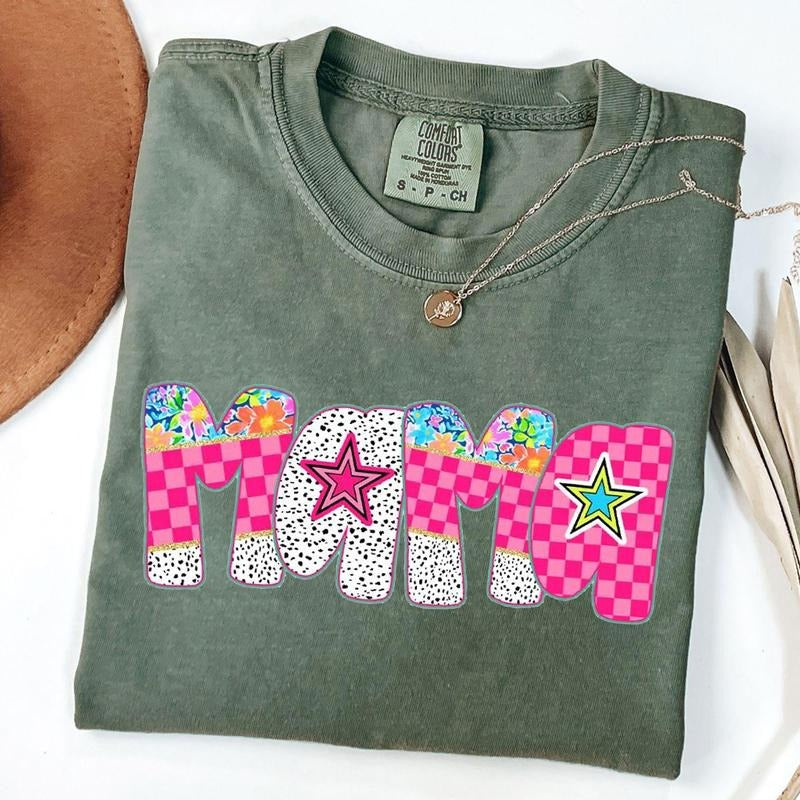 Comfort Colors Checkered Mama Floral Shirt, Pink Mama Shirt, Preppy Mama Shirt, New Mom Gift, Mother's Day Gift, Unisex T-Shirt