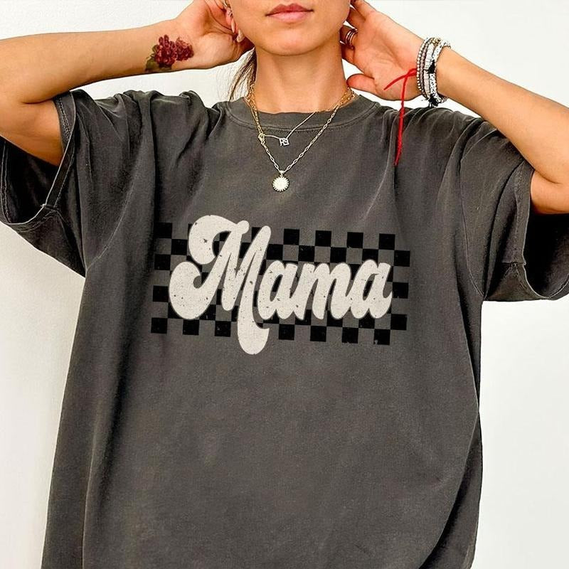 Comfort Colors Checkered Mama Shirt, Retro Mama Shirt, Boho Mama T-Shirt, Cute Mom Shirt, Varsity Letter Mama Shirt, Mothers Day Gift, New Mom Gift, Trendy Crewneck, Mom Gift, Mothers Day Gifts, Mama Women Top Casual Comfortable Breathable Womenswear