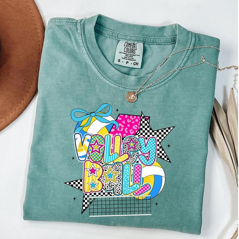 Comfort Colors Checkered Volleyball Shirt, Volleyball Coquette T-Shirt, Volleyball Mama Shirt, Game Day, Unisex T-Shirt