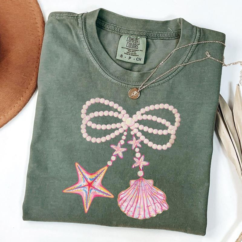 Comfort Colors Coquette Pearl Bow Shirt, Summer Beach Tee, Pink Clam T-Shirt, Gift For Her, Unisex T-Shirt
