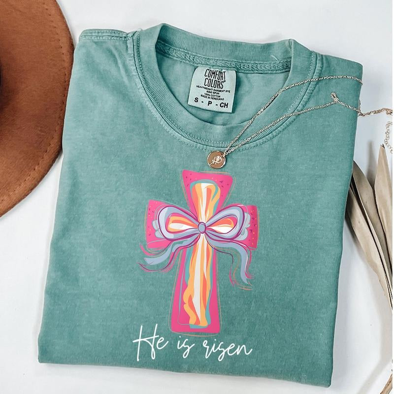 Comfort Colors Cross Easter Pink Brushstroke Shirt, He Is Risen Shirt, Cross Coquette Bow T-shirt, Girls Easter Tee, Unisex T-Shirt