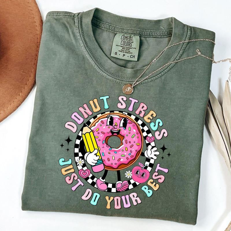 Comfort Colors Donut Stress Just Do Your Best Teacher Shirt , Retro Checkered Donut Shirt, Teacher Shirt, Unisex T-Shirt