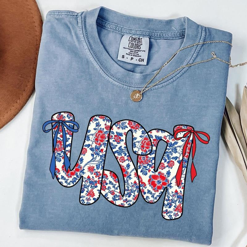 Comfort Colors Floral Coquette USA Shirt, Retro America T-Shirt, 4th Of July Gift, Patriotic Tee, Coquette Bow Shirt