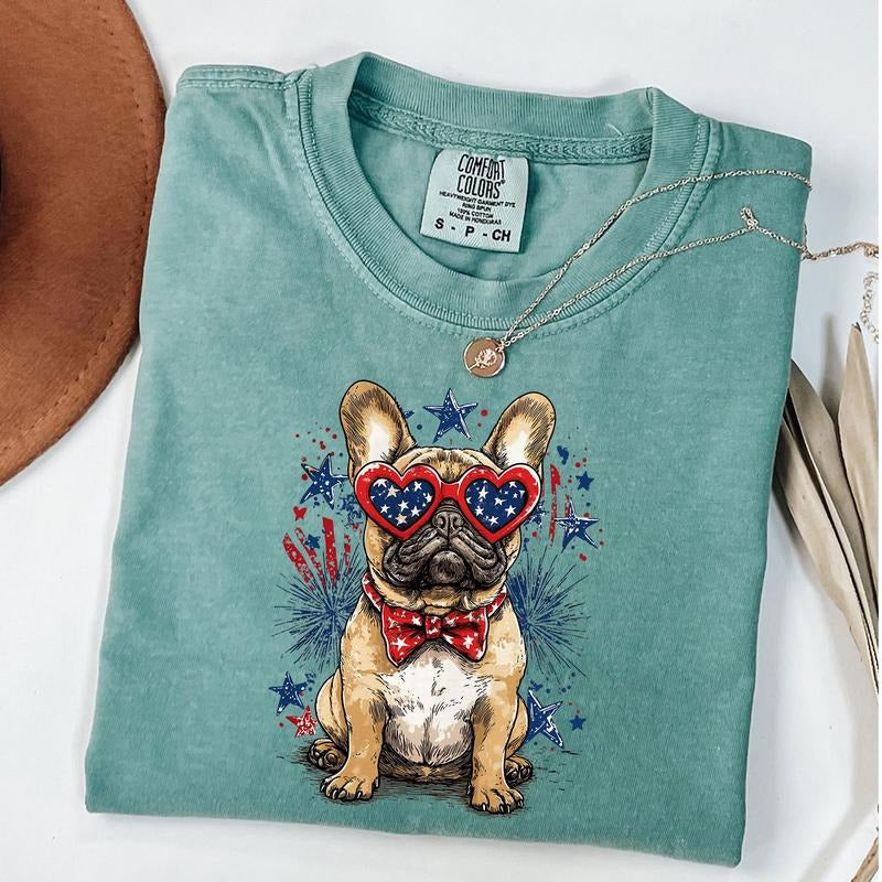 Comfort Colors French Bulldog Shirt, Patriotic Dog Shirt, Fourth Of July Dog T-Shirt, Dog Wearing Stars And Stripes Bow, Unisex T-Shirt